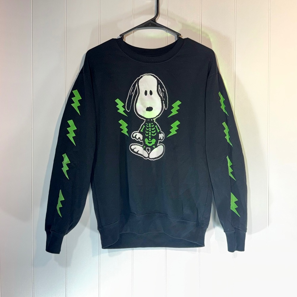 Peanuts Snoopy Skeleton Sweatshirt Black Green Lightning Bolt Crewneck Medium
